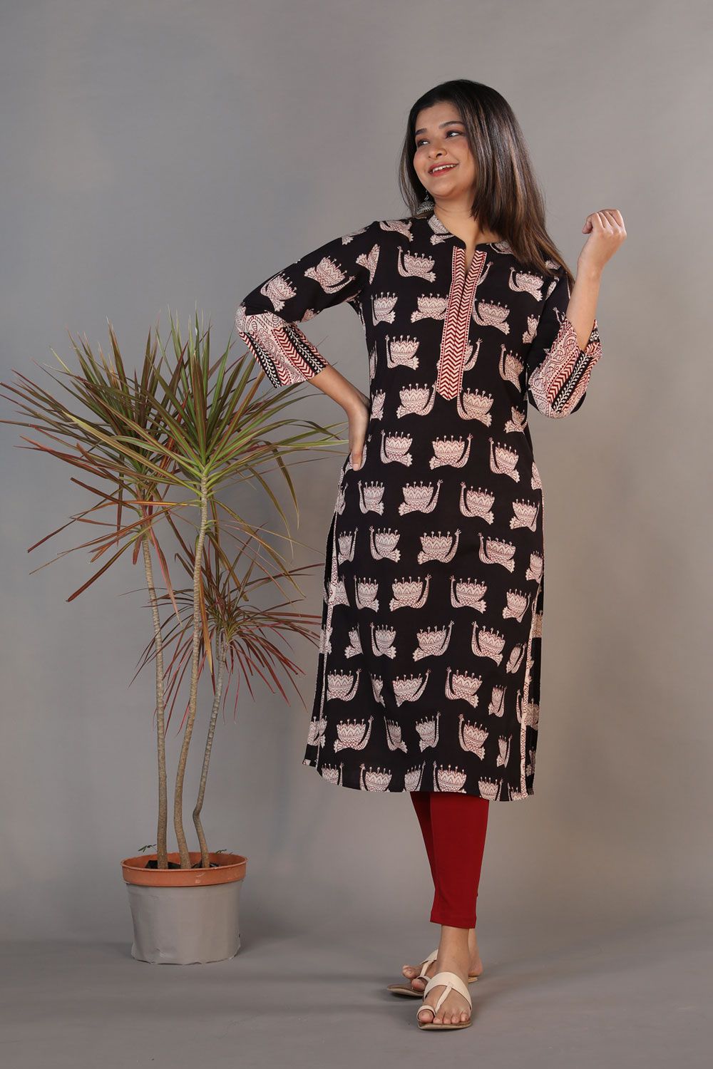 Hand block dabu printed ethnic long Indian kurta with trims on front a -  KanisaCrafts