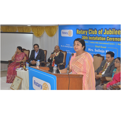 Smt.Sailaja Kiron addressing the 30th Installation Ceremony of Rotary Club Jubilee hills